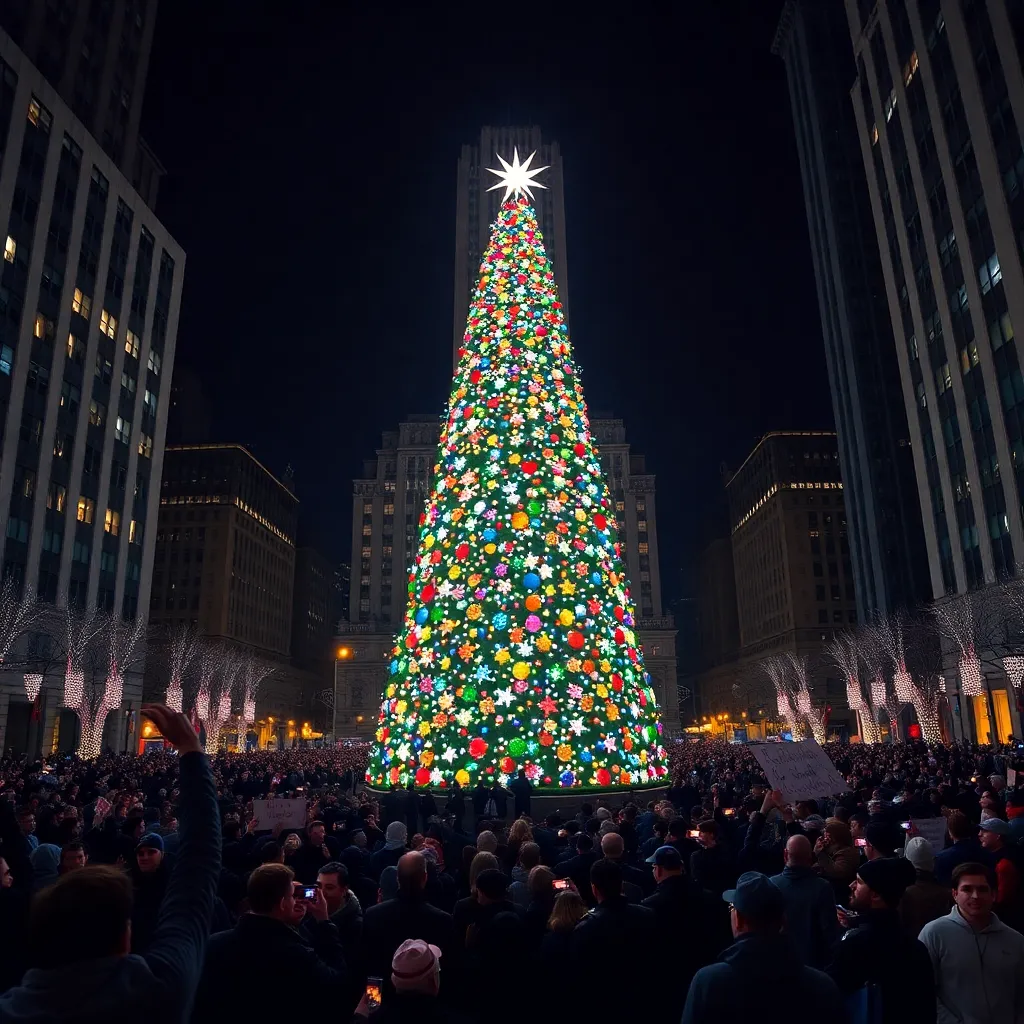 Rockefeller Center Christmas Tree lighting ceremony with thousands of lights and excited crowd